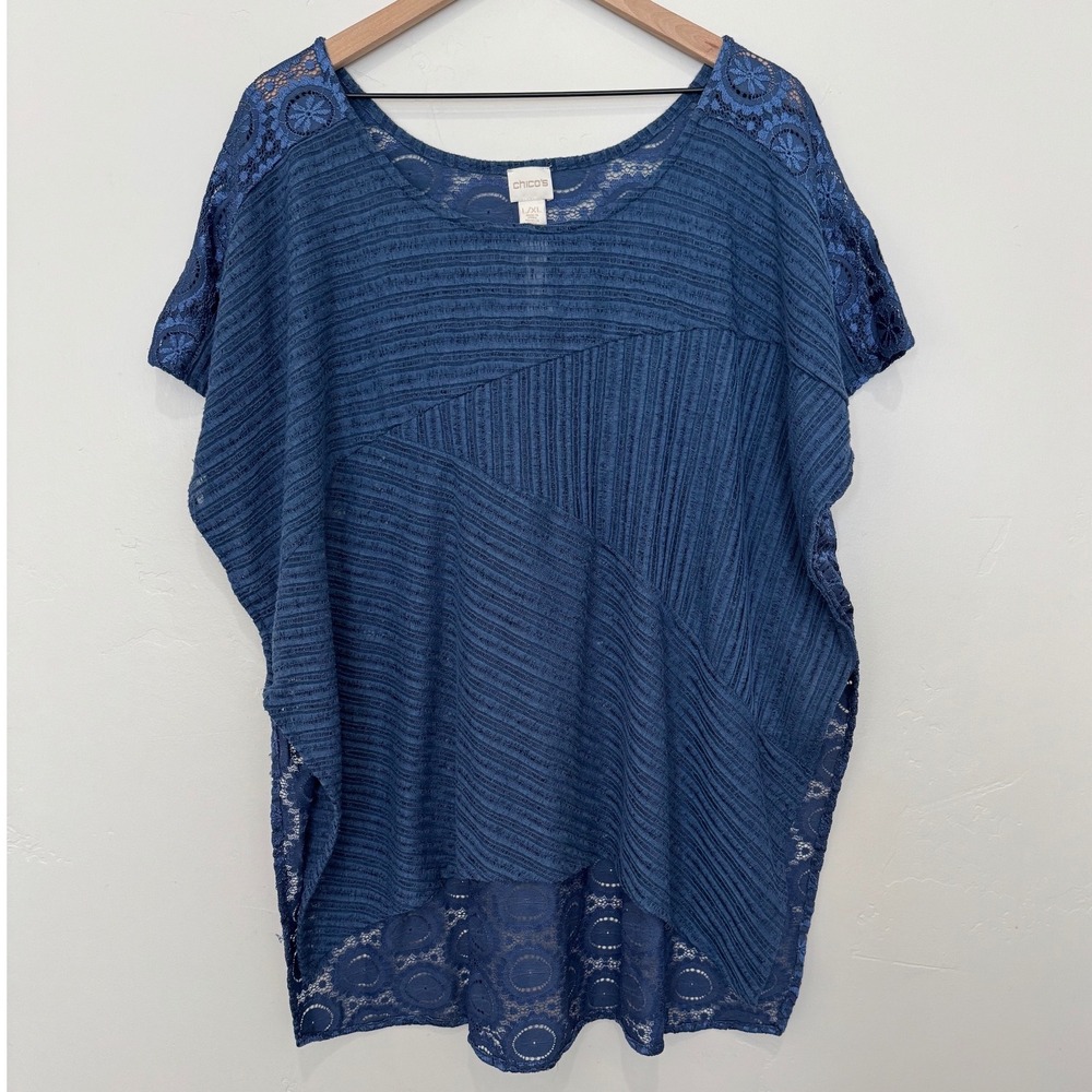 Chico's Blue Poncho Blouse Sheer Lace Back Mixed Media Top Coastal Cruise L/XL